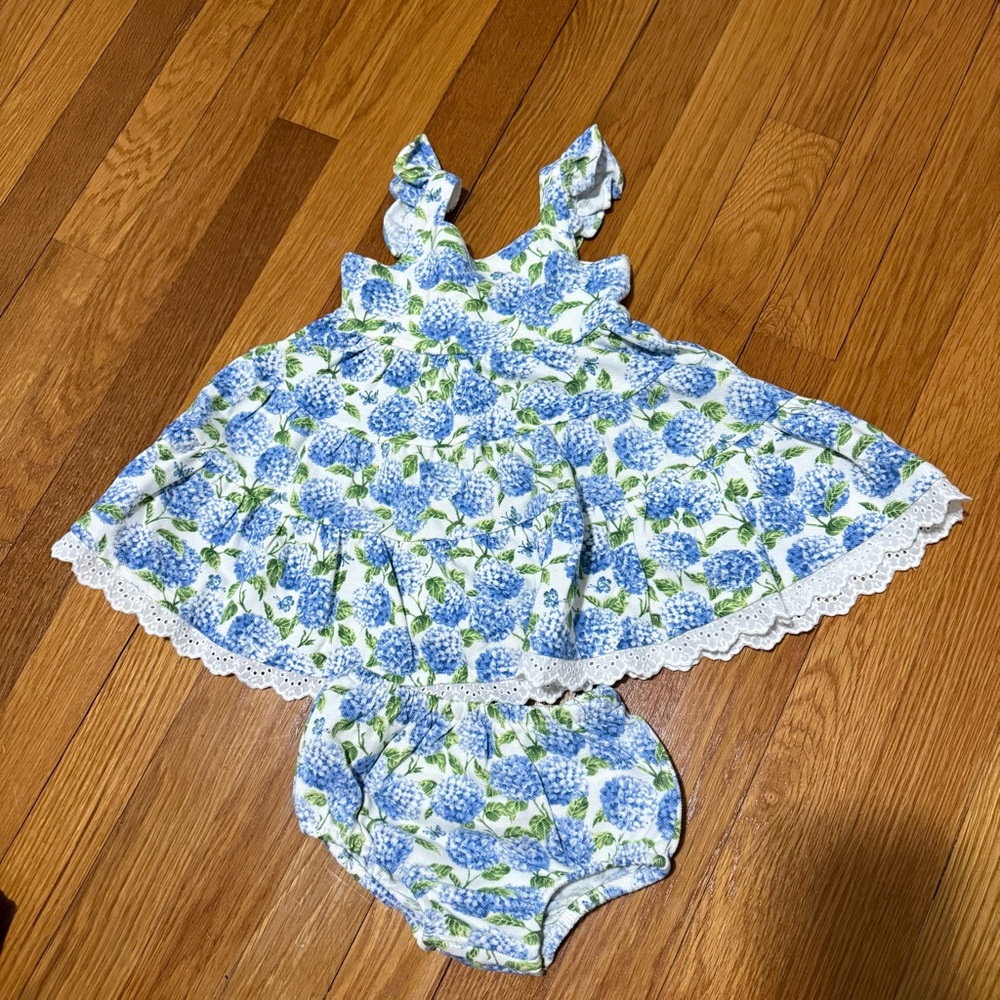 Ralph Lauren Baby Blue Hydrangea Print Dress with Bloomers
